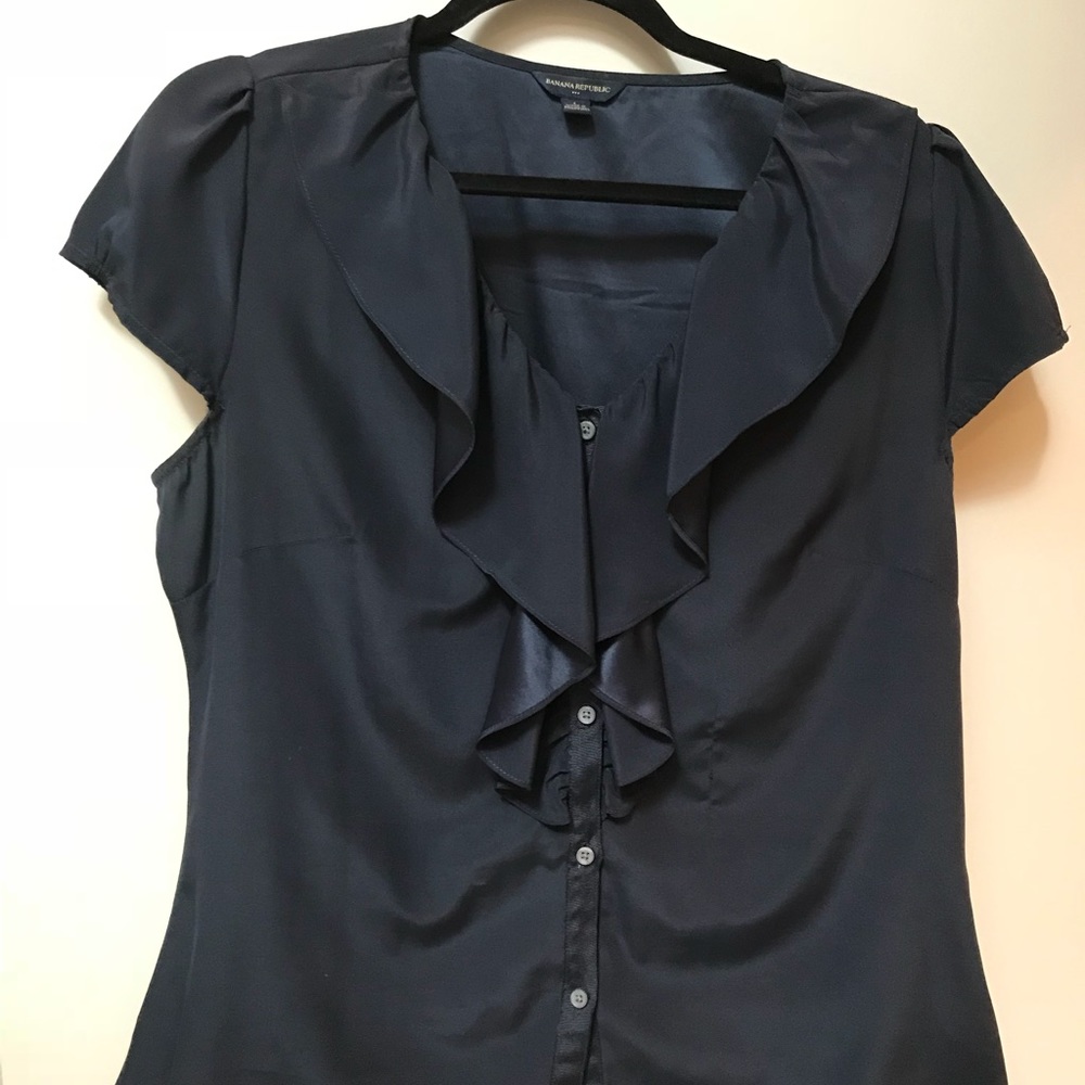 Midnight navy ruffle-front blouse